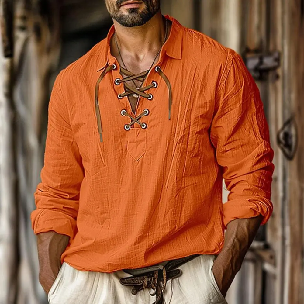 Men's Plus Size Lapels Lace Shirt Solid Color Linen