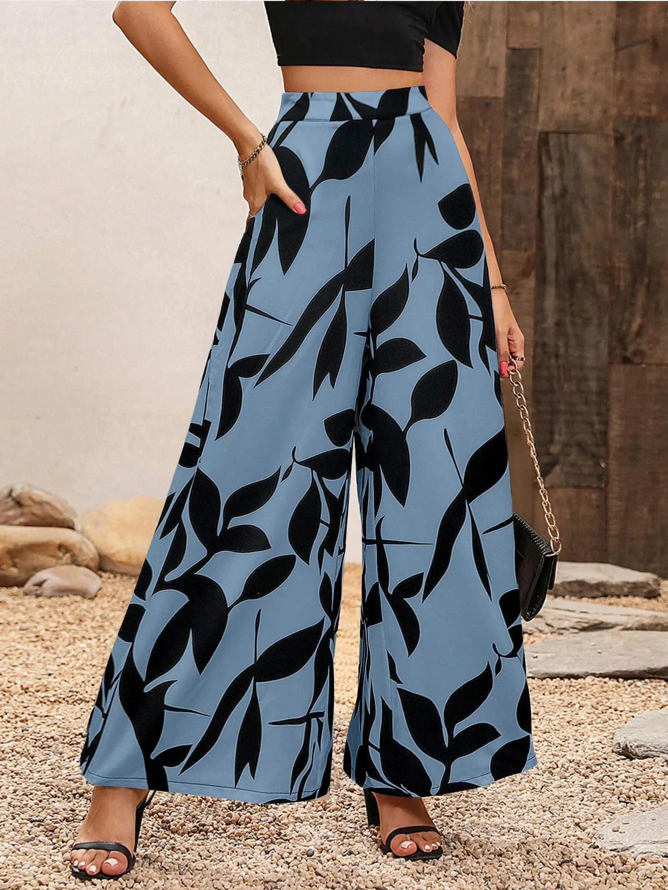 Chiffon Leaf-pattern Casual Pants Chic High-waisted Wide-leg Style