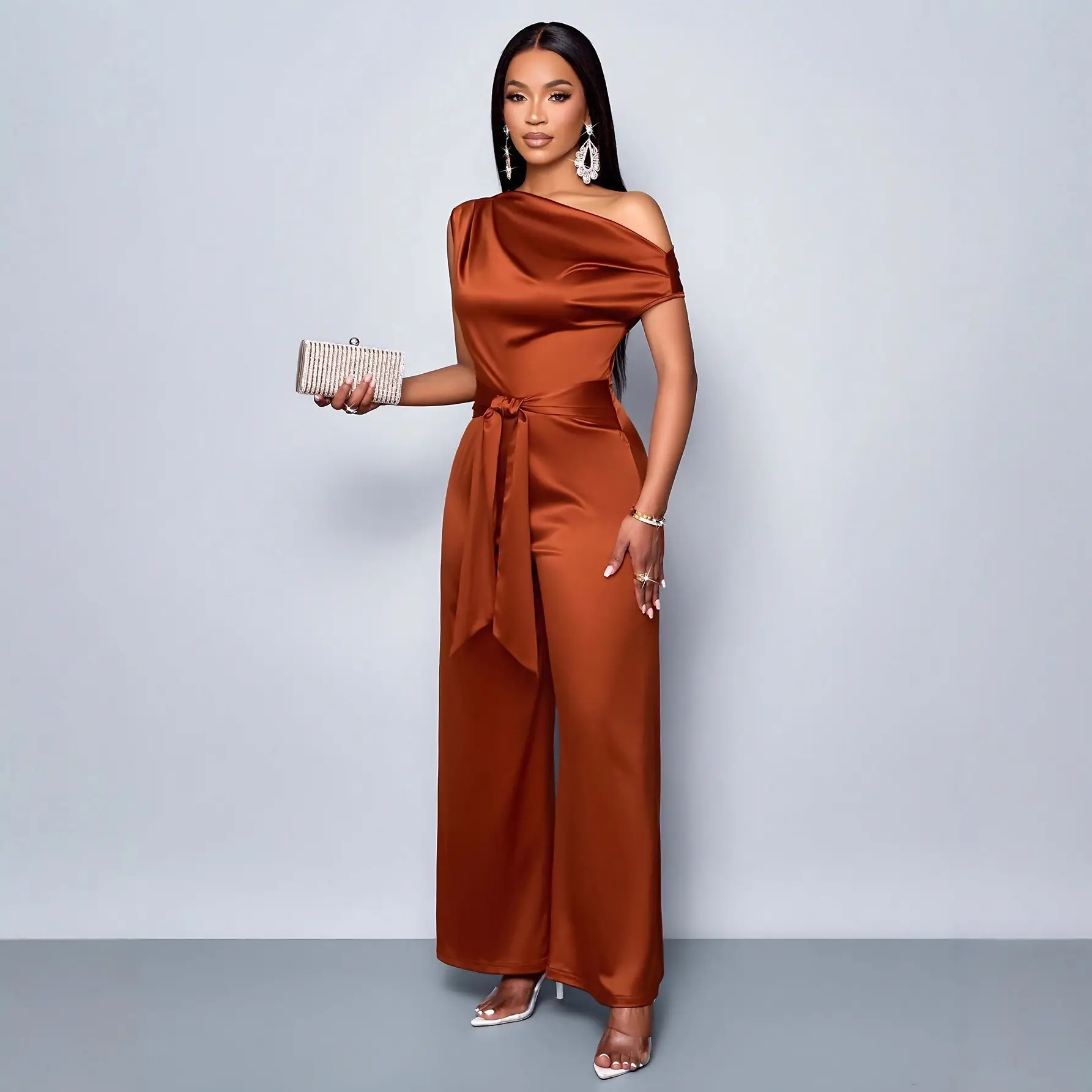 Sleeveless One-Shoulder Jumpsuit with Tie Waist