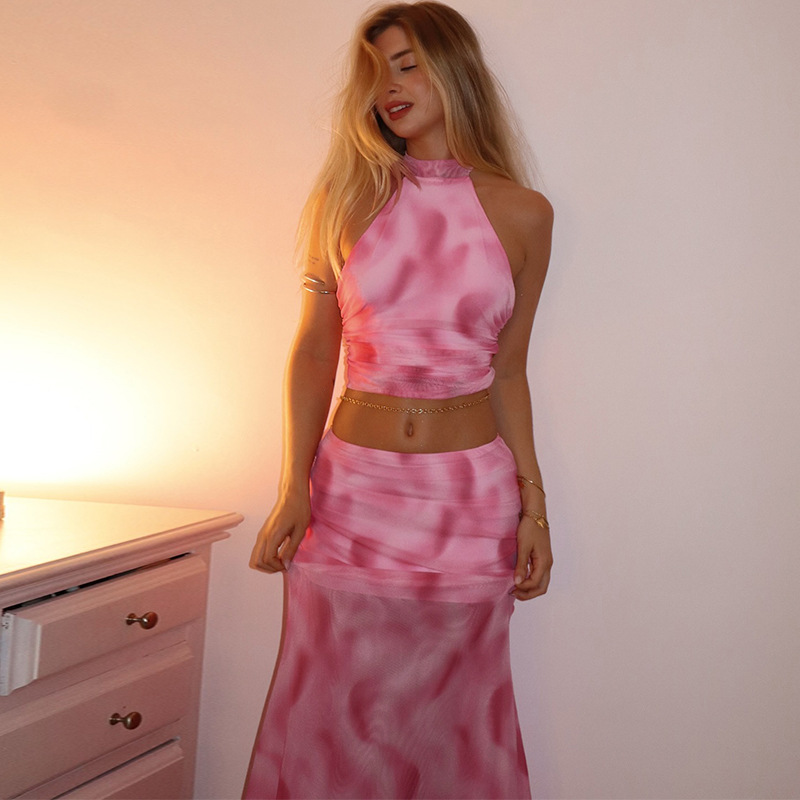 Sexy Halter Backless Print Mesh Skirt Suit