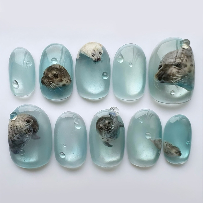 Oval Ocelot Cat-eye Ocean Blue Nail Tips For Wearable Nails