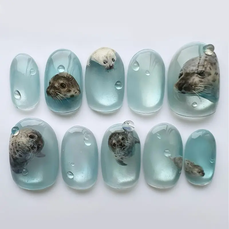 Oval Ocelot Cat-eye Ocean Blue Nail Tips