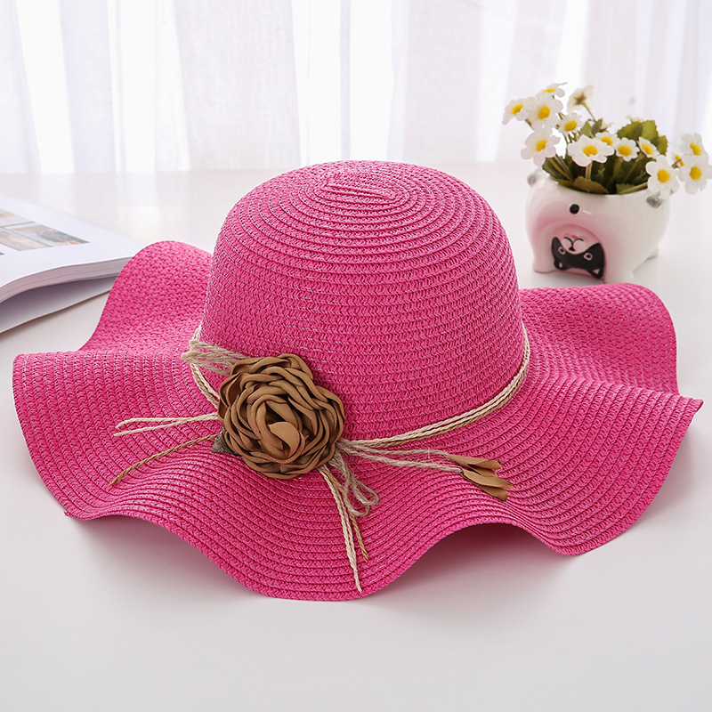 Women's Wavy Edge Big Brim Straw Hat Korean Travel Wave Straw Hat Rose Red - Shop at LoveMi