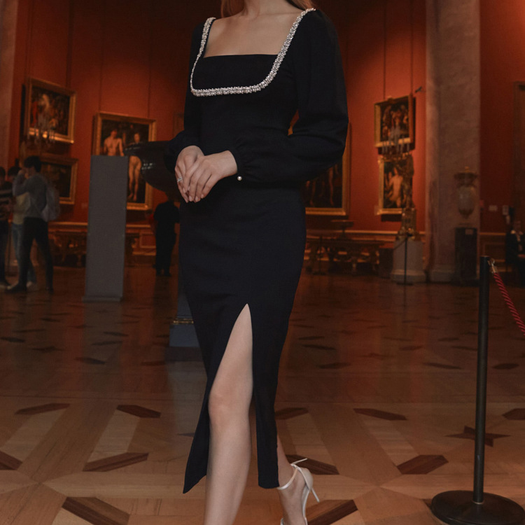 Diamond-encrusted Square Collar Long Sleeve Waist-tight Split Dress