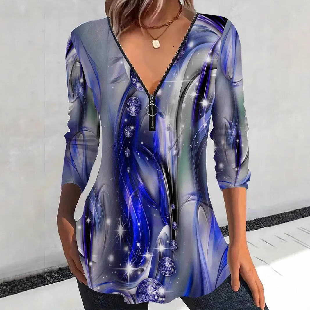 V-neck Zipper Floral Print Long Sleeve Women's Top