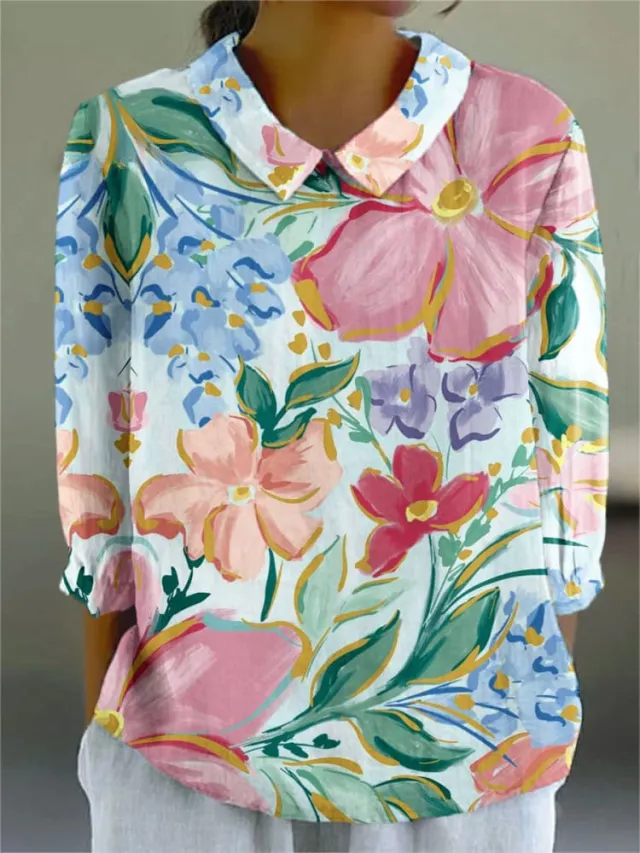 Ladies Flower Fashion Personality Polo Collar Top 7Style Xl - Shop at LoveMi