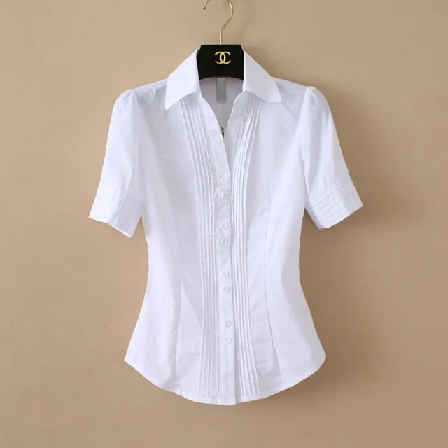 Women's Business Commute Professional One piece Cotton Shirt Short Sleeve White Not Siamese - Shop at LoveMi