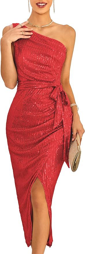 Women's Sleeveless One-shoulder Sequined Slit Dress