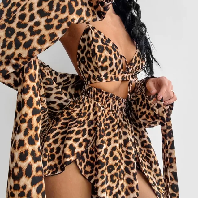 Leopard print Camisole Cardigan And Short sleeve Shorts Pajama Set Leopard - Shop at LoveMi