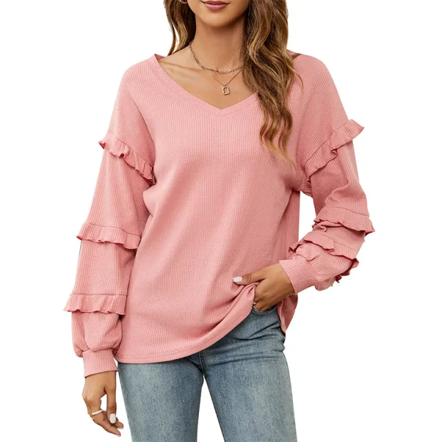 Women's Top Autumn And Winter New Women's Waffle V neck Flounce Top Pink - Shop at LoveMi