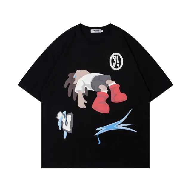 American Street Cotton Graffiti Style Printed Couple Round Neck Short Sleeve T shirt Black - Shop at LoveMi