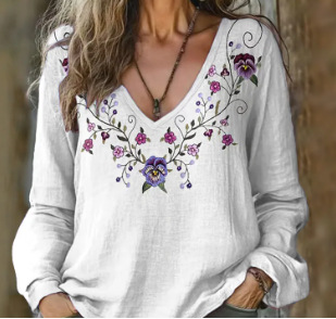 V-neck Long Sleeve T-shirt Women's Top
