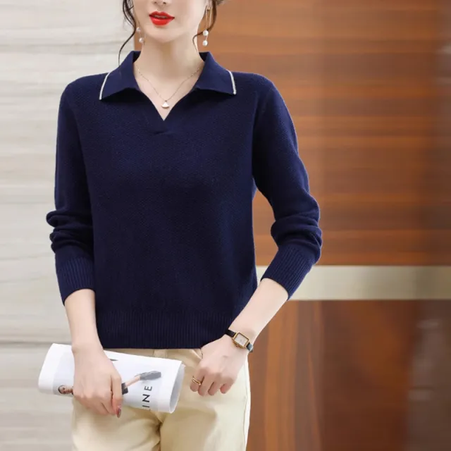 Spring And Autumn New Polo Collar Top Western Style Fashion Sweater Navy - Shop at LoveMi