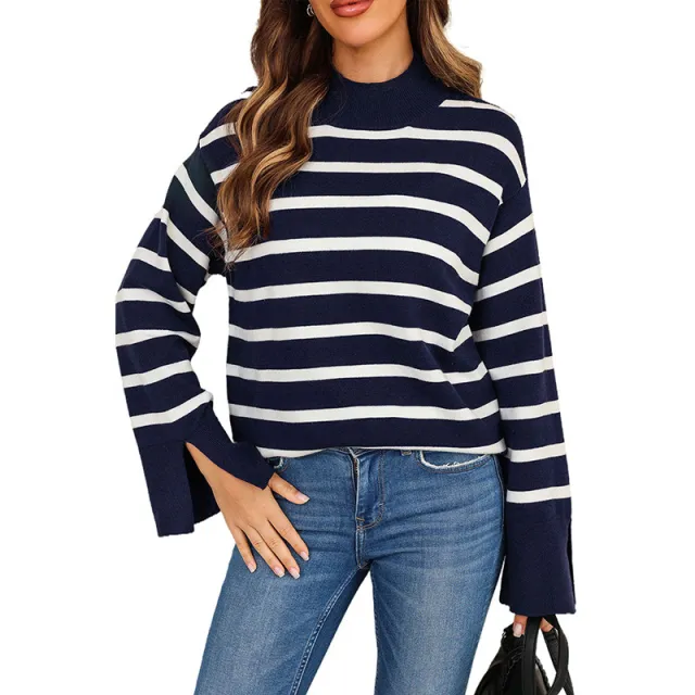 Striped Turtleneck Sweater Women's Cuffs Blue - Shop at LoveMi