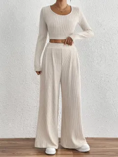 Solid Color Rib Knitted Trousers Mid-waisted Figure Flattering Women's Casual Suits - Apricot - View 1