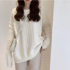Thick Hemp Flowers Knitted Round Neck Sweater Retro Loose Top - Milky White - View 1