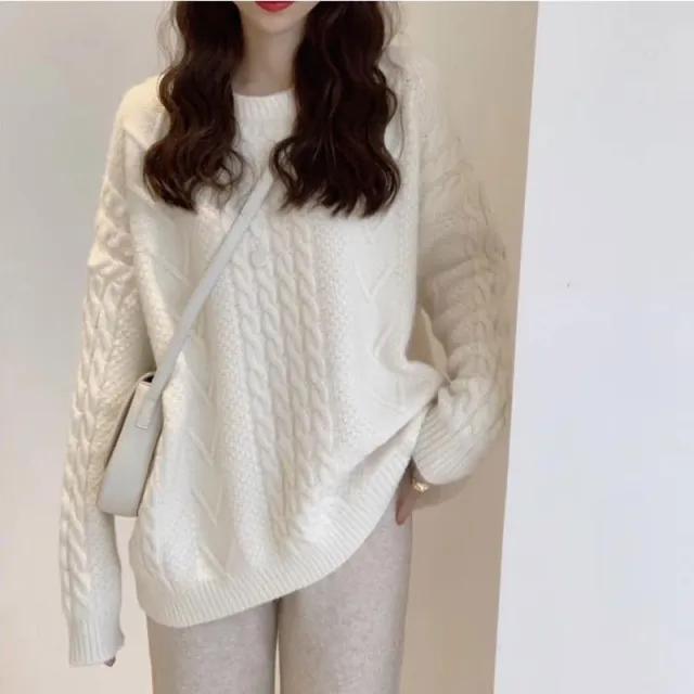 Thick Hemp Flowers Knitted Round Neck Sweater Retro Loose Top Milky White - Shop at LoveMi