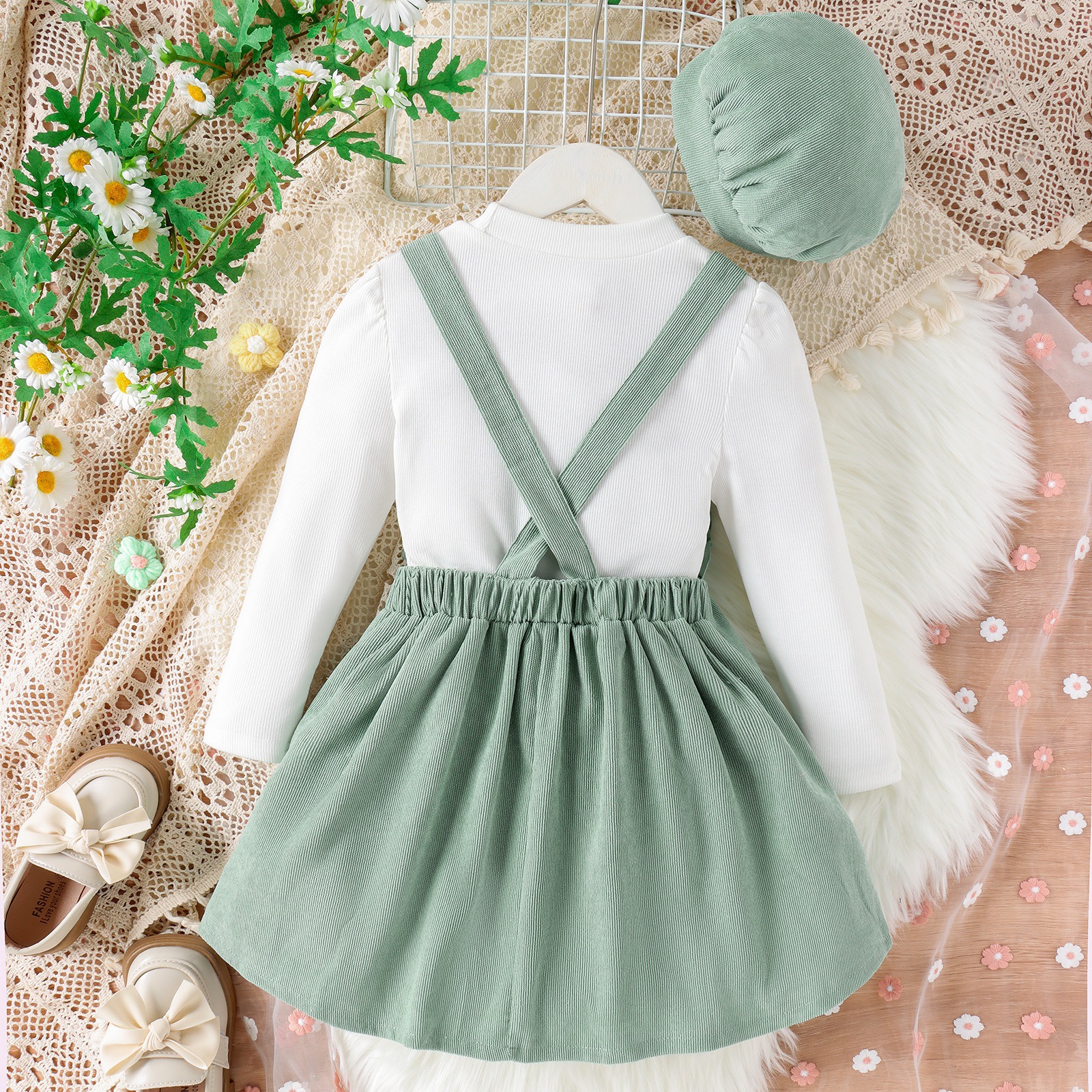 Round-neck Striped Top With A Floral-embroidered Suspender Dress