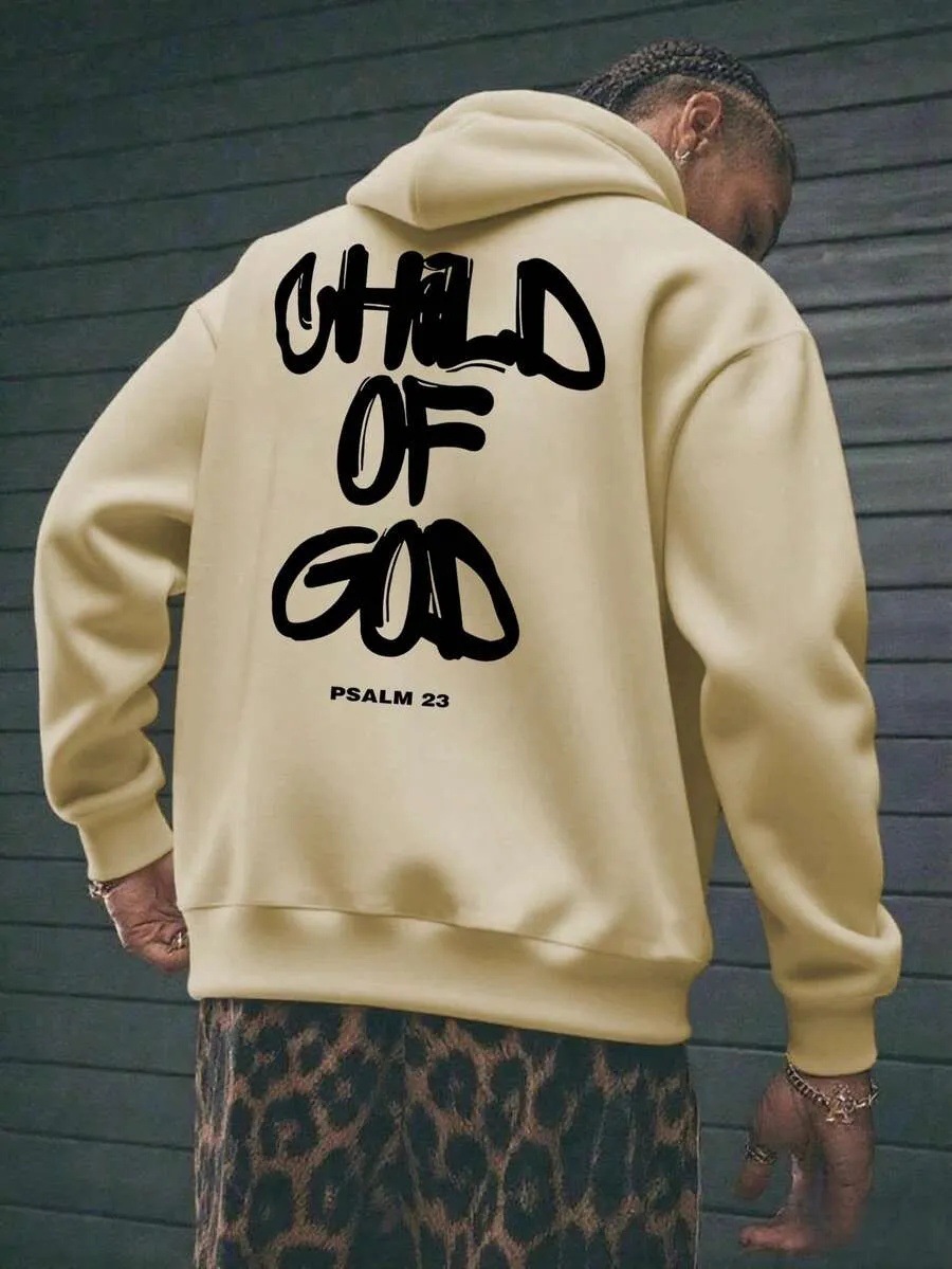 Mens Letter-Print Hoodie With Fleece-Lined Pullover Top