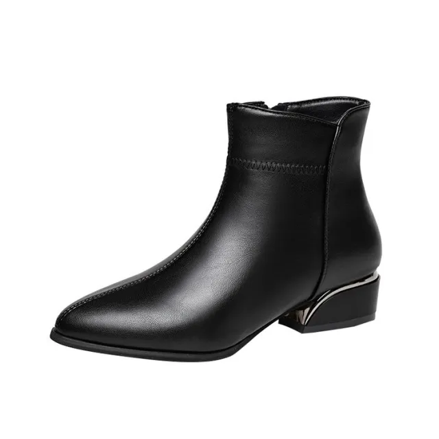 Large Size Thick Heel Short Boots For Women Pointed toe Side Zip Black - Shop at LoveMi