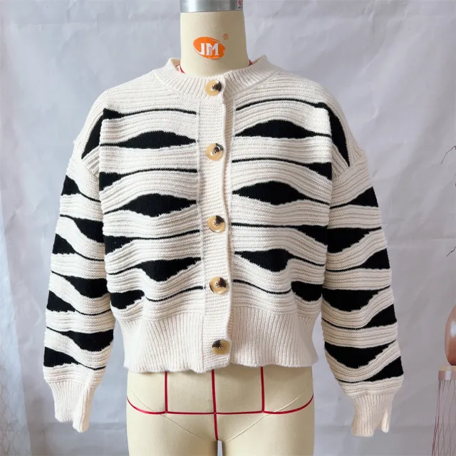 Irregular Striped Contrast Color Single breasted Round Neck Sweater Coat Beige - Shop at LoveMi