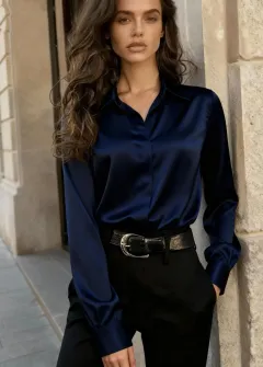 Autumn Commuting Versatile Long Sleeve Turn-down Collar Satin Women's Shirt - Navy Blue - View 1