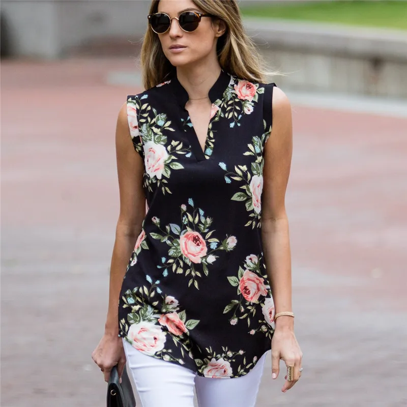 Title 3, Sleeveless floral print V-neck chiffon shirt