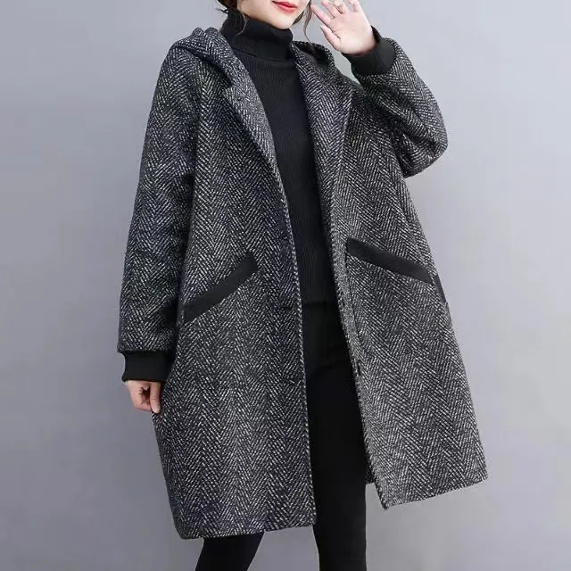Winter Korean Style Loose Hooded Women's Mid length Velvet Padded Thickened Coat Dark Gray - Shop at LoveMi