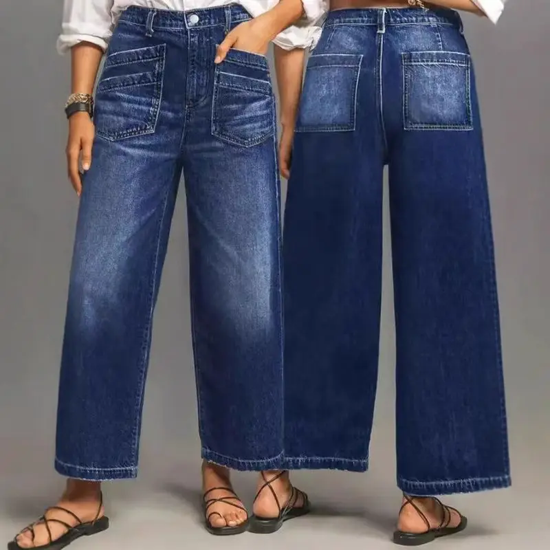 Womens Retro Loose-Fit Wide-Leg Denim Jeans