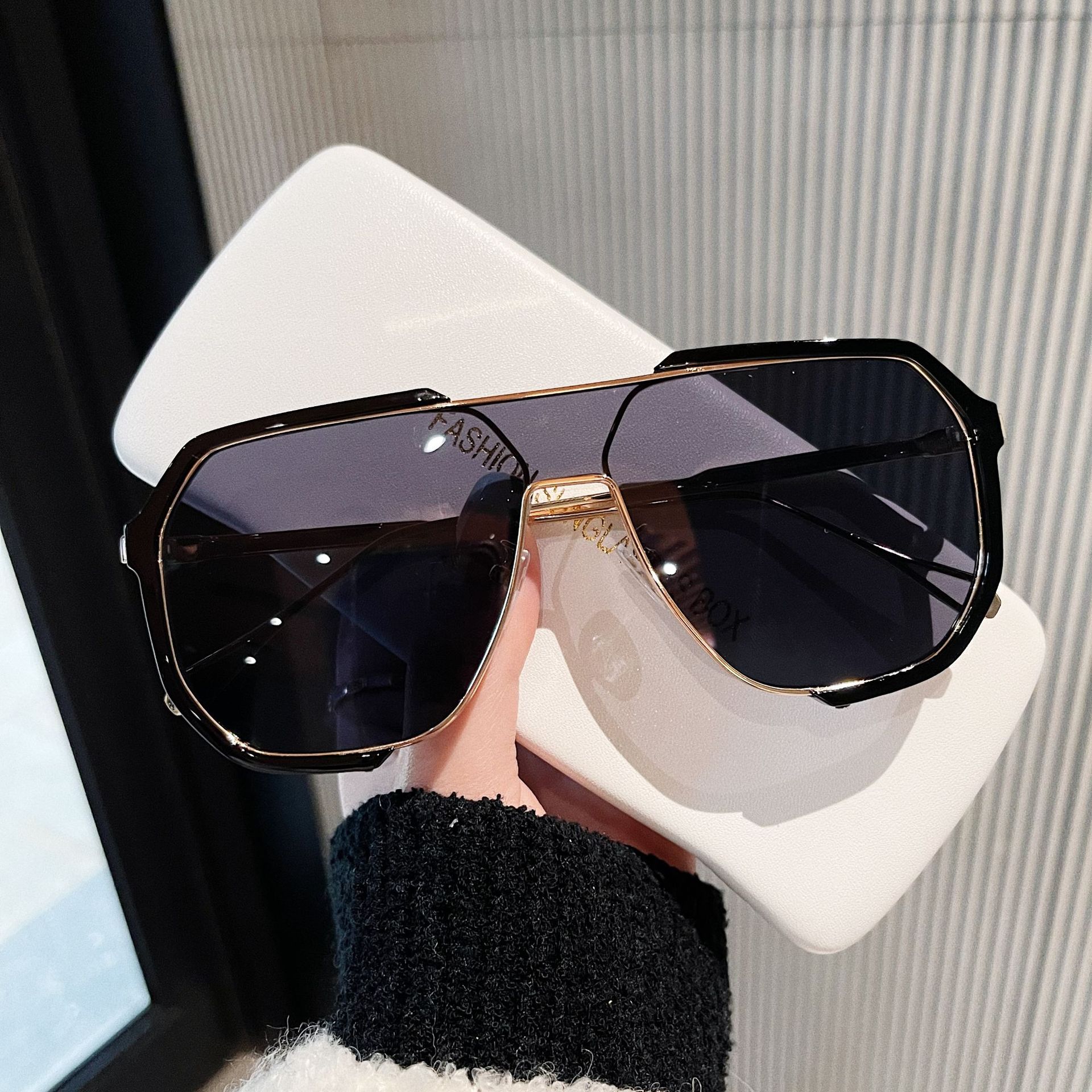 Fashion Double Beam Integrated Sunglasses Large Frame Decoration Plain Glasses Ins