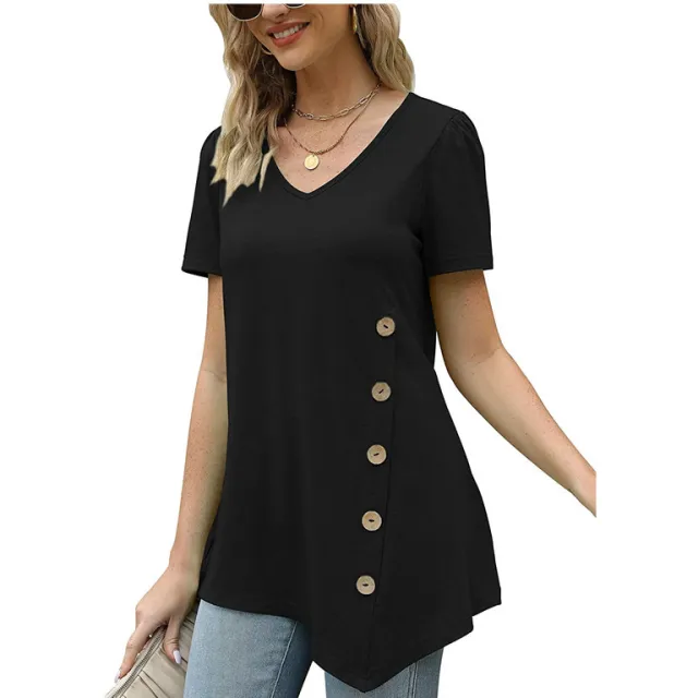 Women's Summer Top Casual Short Sleeve V neck Loose Casual T shirt Black - Shop at LoveMi