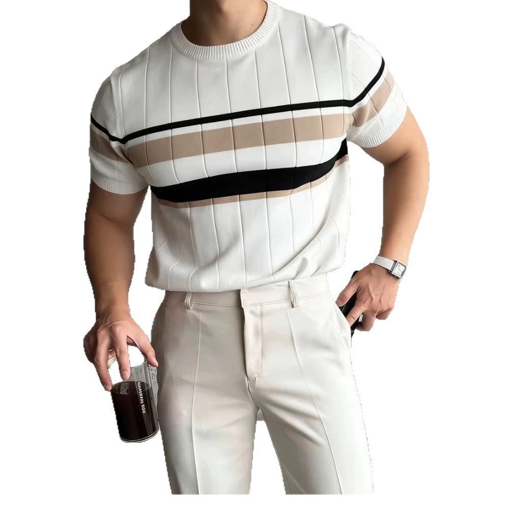 Color-Block Striped Mens Knitted Short-Sleeve Casual Top