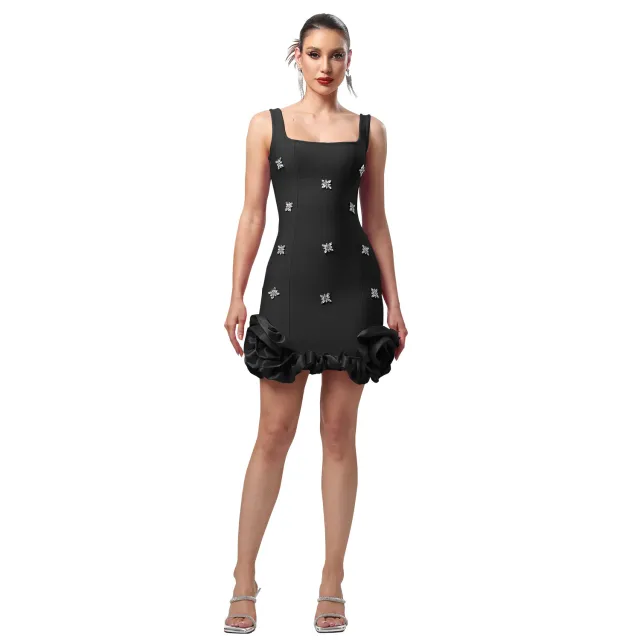 Fashionable Women's Elegant And Chic Rhinestone embellished Wrap Dress Black - Shop at LoveMi