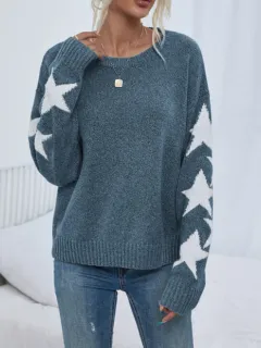Women's Knitted Sweater Fashion Solid Colour Five-pointed Star Jacquard Crew Neck Pullover Sweater - Blue - View 1
