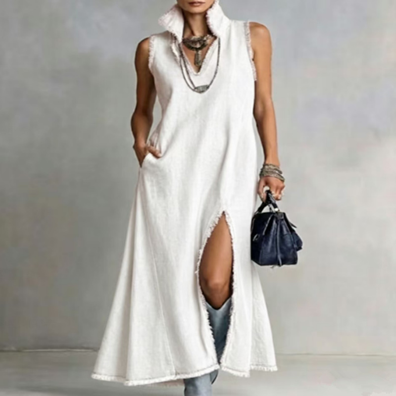 Womens V-neck Sleeveless Tassel-panel Split Cotton-linen Dress