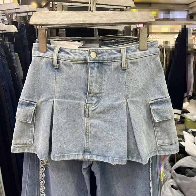 Style Retro A Line Denim Skirt High Waist Pleated Light Blue - Shop at LoveMi