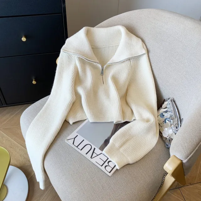 Women's Zipper Sweater Lapel Cropped Sweater Coat Apricot - Shop at LoveMi