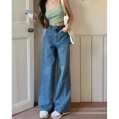 Women's Loose High Waist Retro Cropped Patchwork Wide-leg Jeans - Dark Blue - View 1