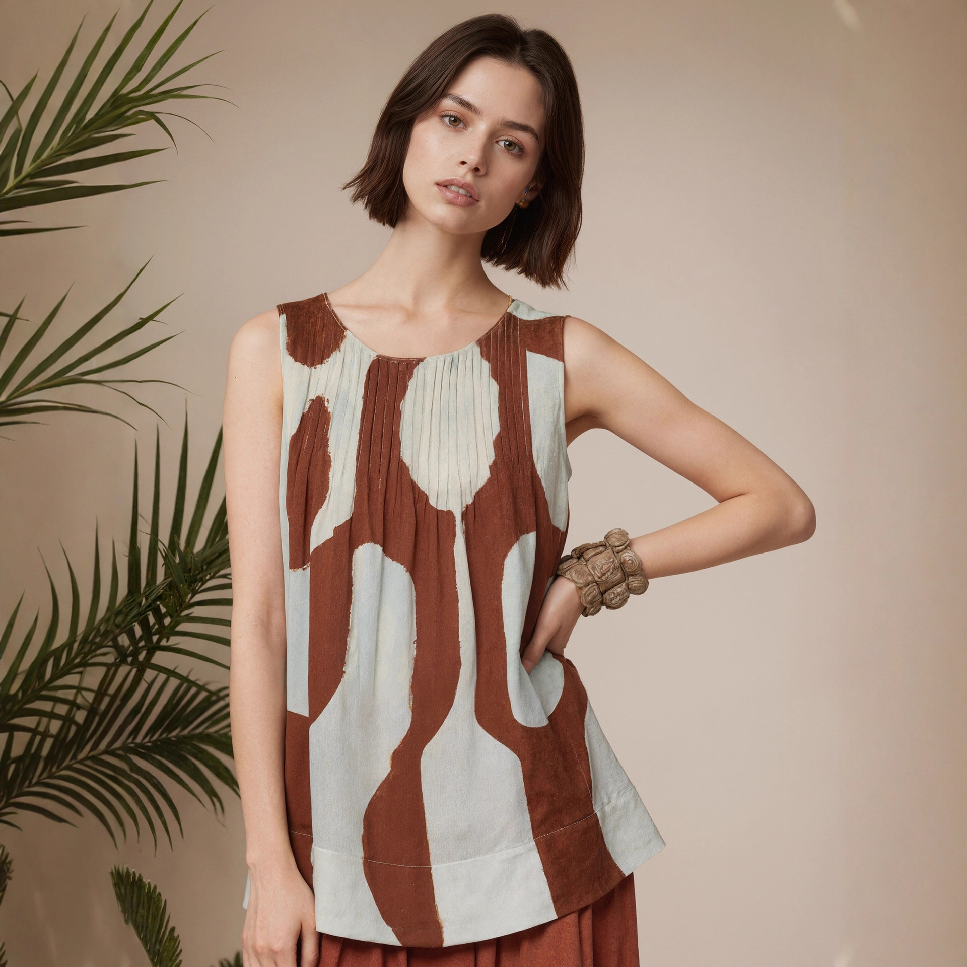 Womens Loose-Fit Pleated Tank Top With Graffiti Print