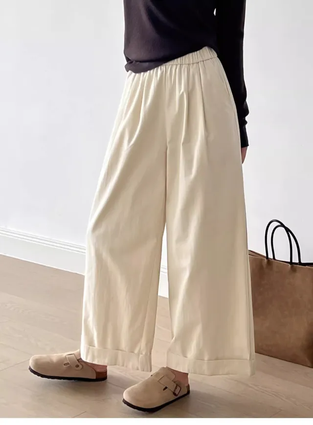 Retro Curling Women's Loose Casual Straight Trousers Apricot - Shop at LoveMi