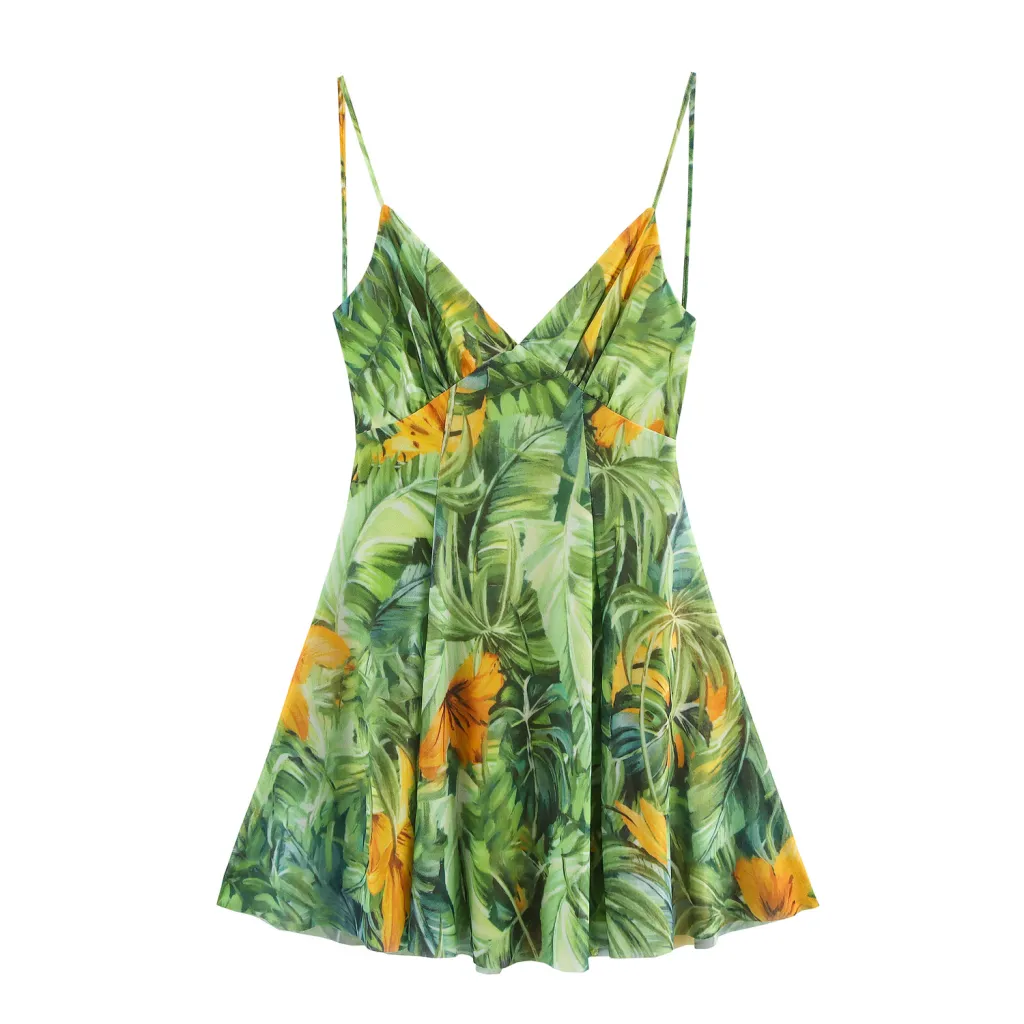 Ethnic Style Floral Print Silk Net Short Sling Dress - Green