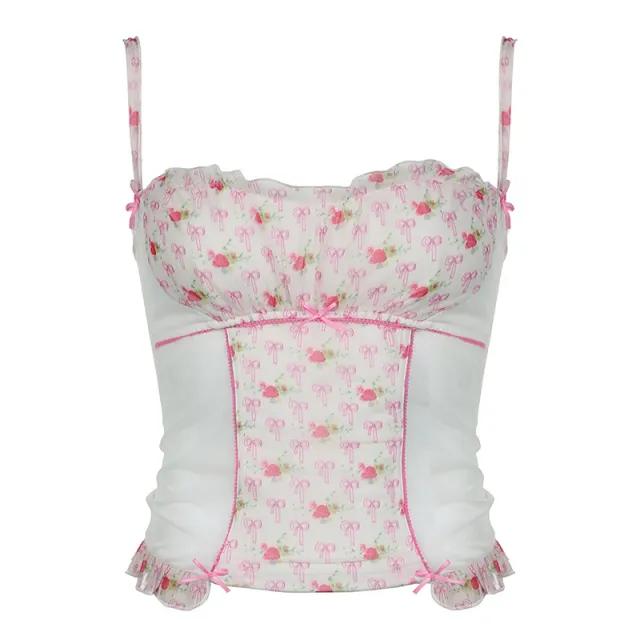 French Style Bow Element Mesh Stitching Ruffle Sleeveless Vest Color - Shop at LoveMi