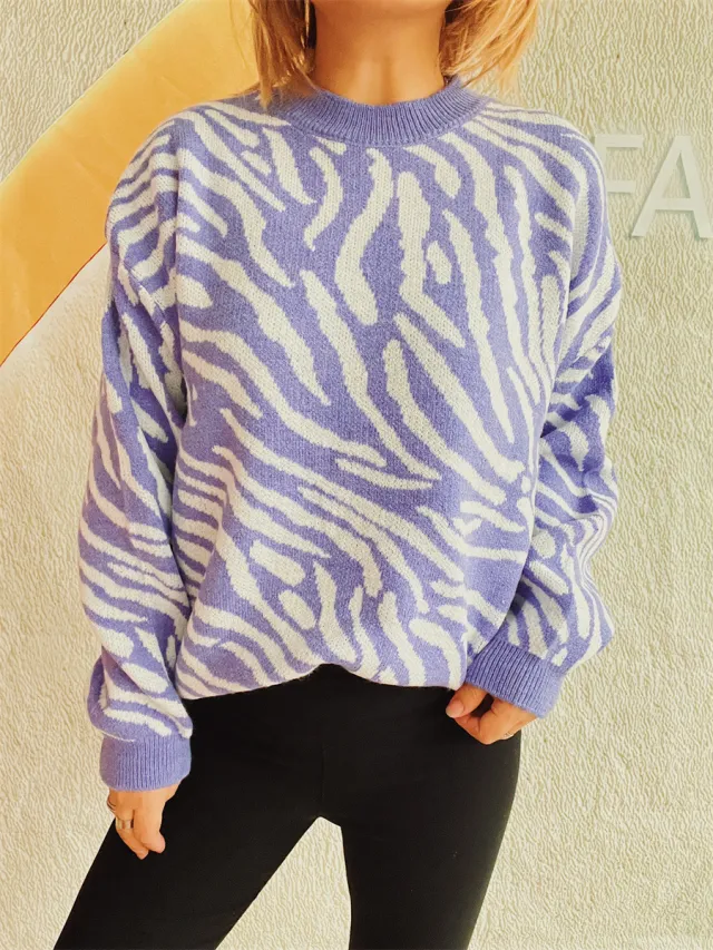 Commuter Knitted Two piece Zebra Pattern Contrast Color Purple Top - Shop at LoveMi