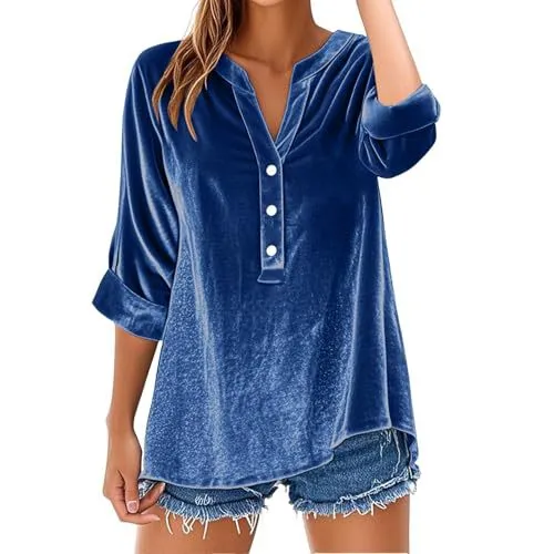 Womens Long sleeve Solid color V neck Loose fit Blouse Blue - Shop at LoveMi