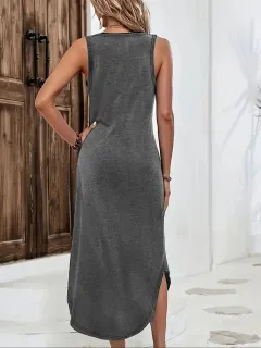 European And American Summer Women's Sleeveless V-neck Slit Mid-length Knitted Dress - Dark Grey - View 1