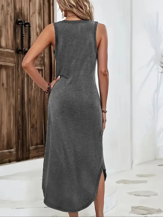European And American Summer Women's Sleeveless V neck Slit Mid length Knitted Dress Dark Gray - Shop at LoveMi