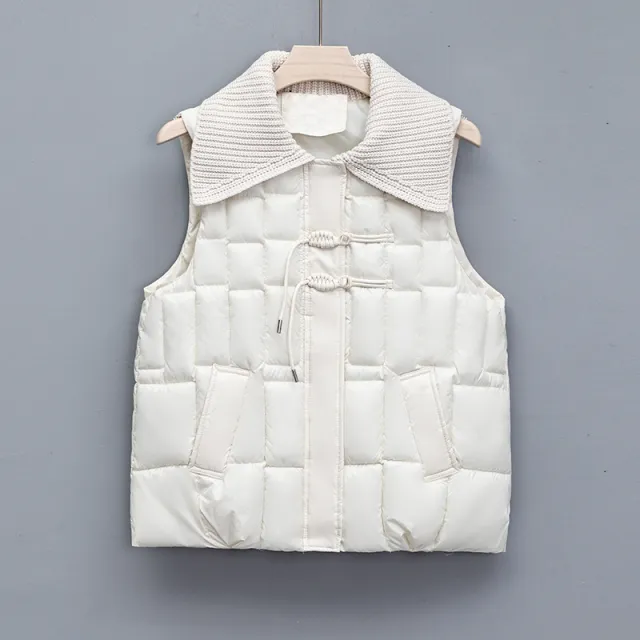 Stand Collar National Style Buckle Knitted Lapel Sleeveless Cotton padded Jacket Vest Tan - Shop at LoveMi