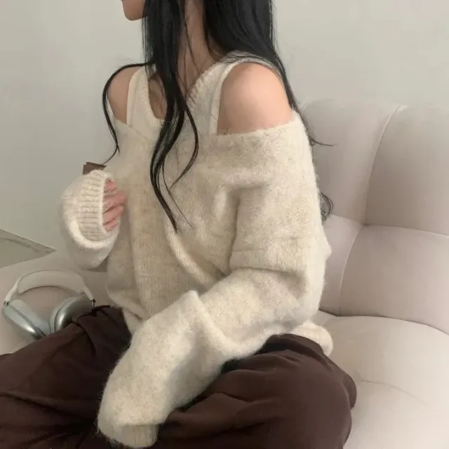 Bandage Dress Knitted Vest Soft Glutinous Loose fitting Long Sleeve Sweater Two piece Set Apricot - Shop at LoveMi