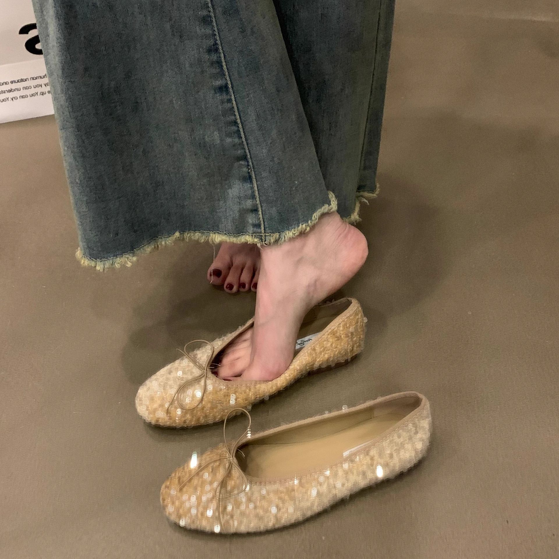 Sequin Flat Shoes With Bow Soft-soled Women's product image