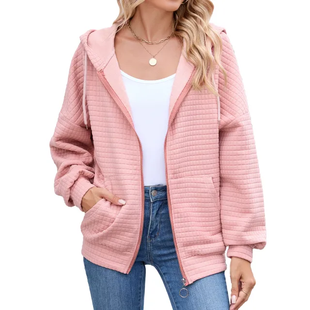 New Solid color Zip up Long sleeve Hoodie With A Hood And Pockets For Women Pink - Shop at LoveMi